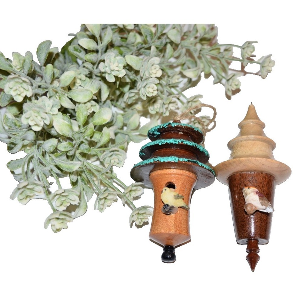 Artisan signed Hand Turned Wooden Birdhouse 4 Inch Miniature Ornament Lot of 2